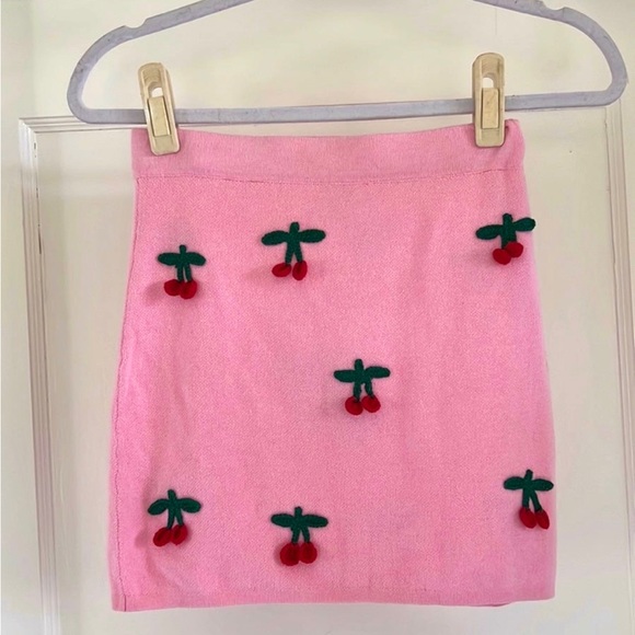 Sugar Thrillz Well Picked Red Cherry Pink Knit Mini High Waist Skirt Matching - Picture 3 of 10